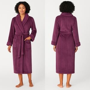NWT Carole Hochman Women Long Plush Wrap Robe Faux Fur Trim XS Purple